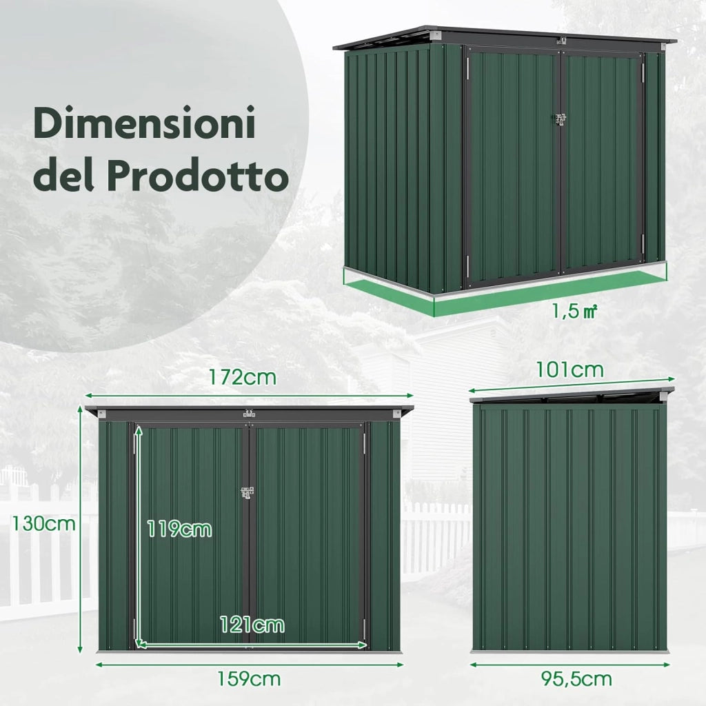 Casetta per Spazzatura Esterna, Capanno da Giardino Bloccabile con Doppie Aperture, 2 Porte e Struttura in Metallo Zincato, Ripostiglio per Patio e Cortile (Verde)
