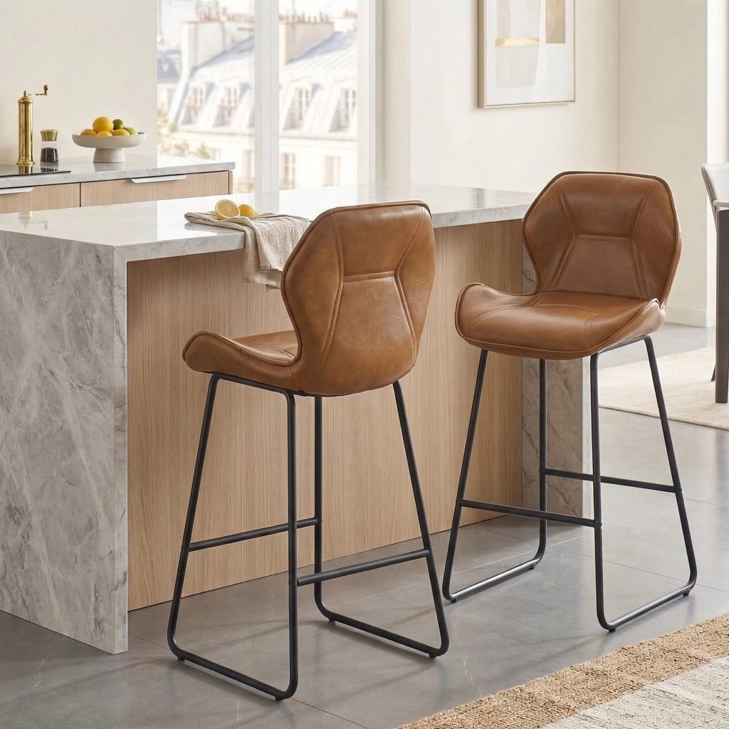 Sgabello da bar Set da 2 con Schienale ergonomico e Poggiapiedi, in Similpelle e Metallo, Marrone