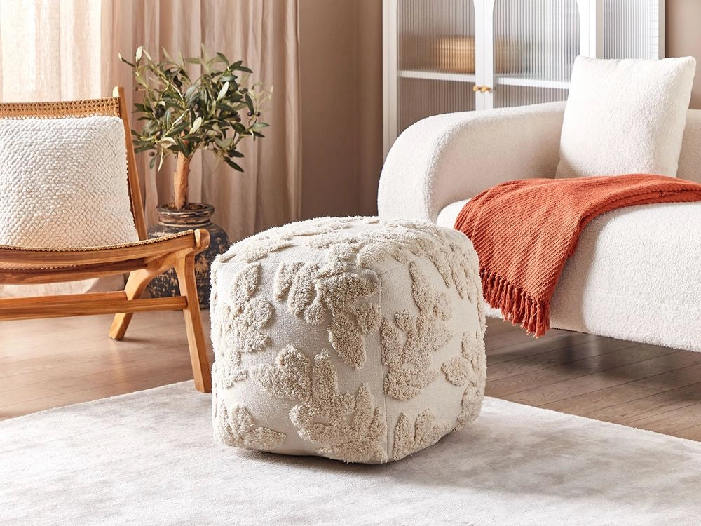 Pouf in cotone beige 45 x 45 x 45 cm con imbottitura in EPS Rivestimento spesso con motivo bohémien