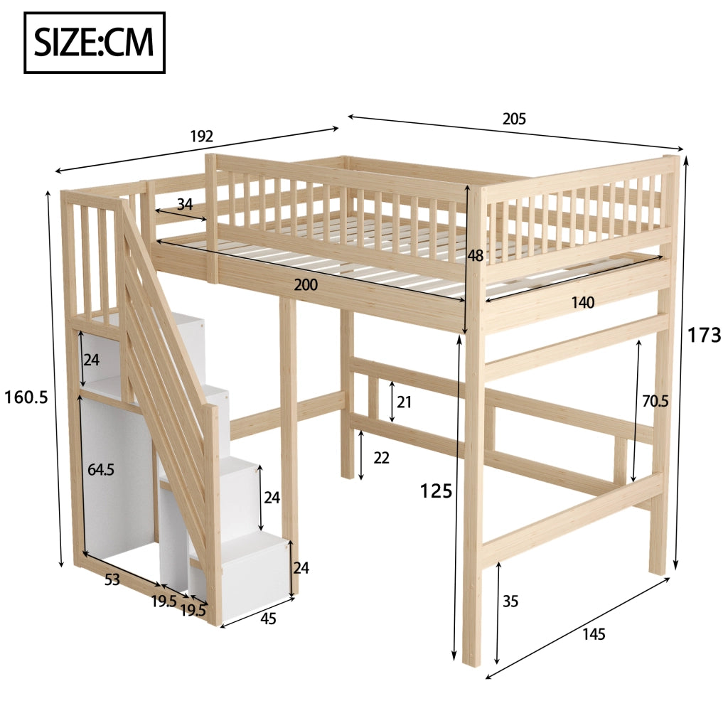 Letto a soppalco in legno massiccio 140x200 con scala contenitore e sponda alta