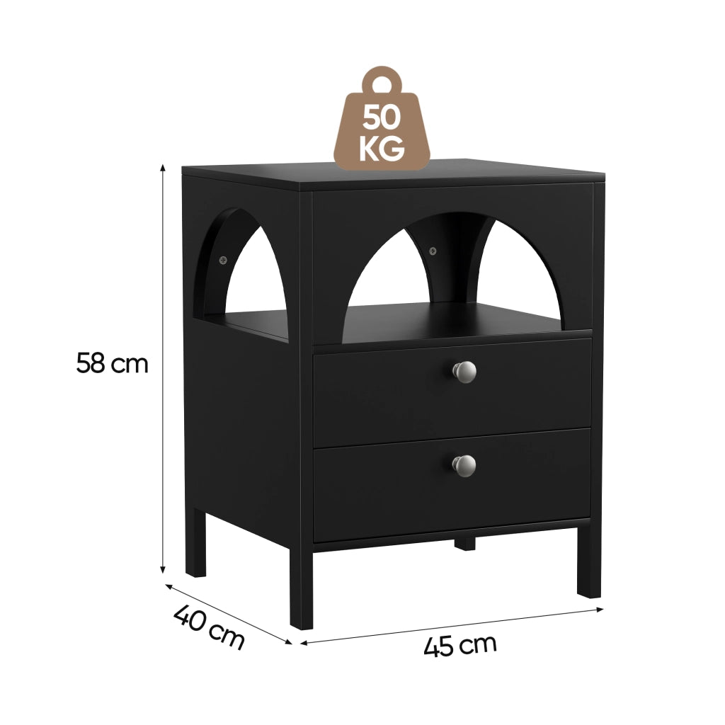 COMODINO moderno 45 x 40 x 58 cm nero con 2 cassetti e 1 vano aperto