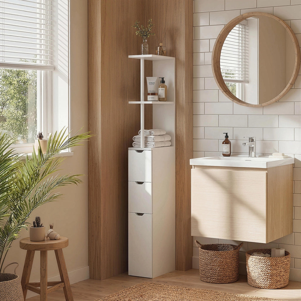 Mobile colonna bagno con cassetto e ripiani ¨C zephmum ¨C 15x33x136.8 cm bianco