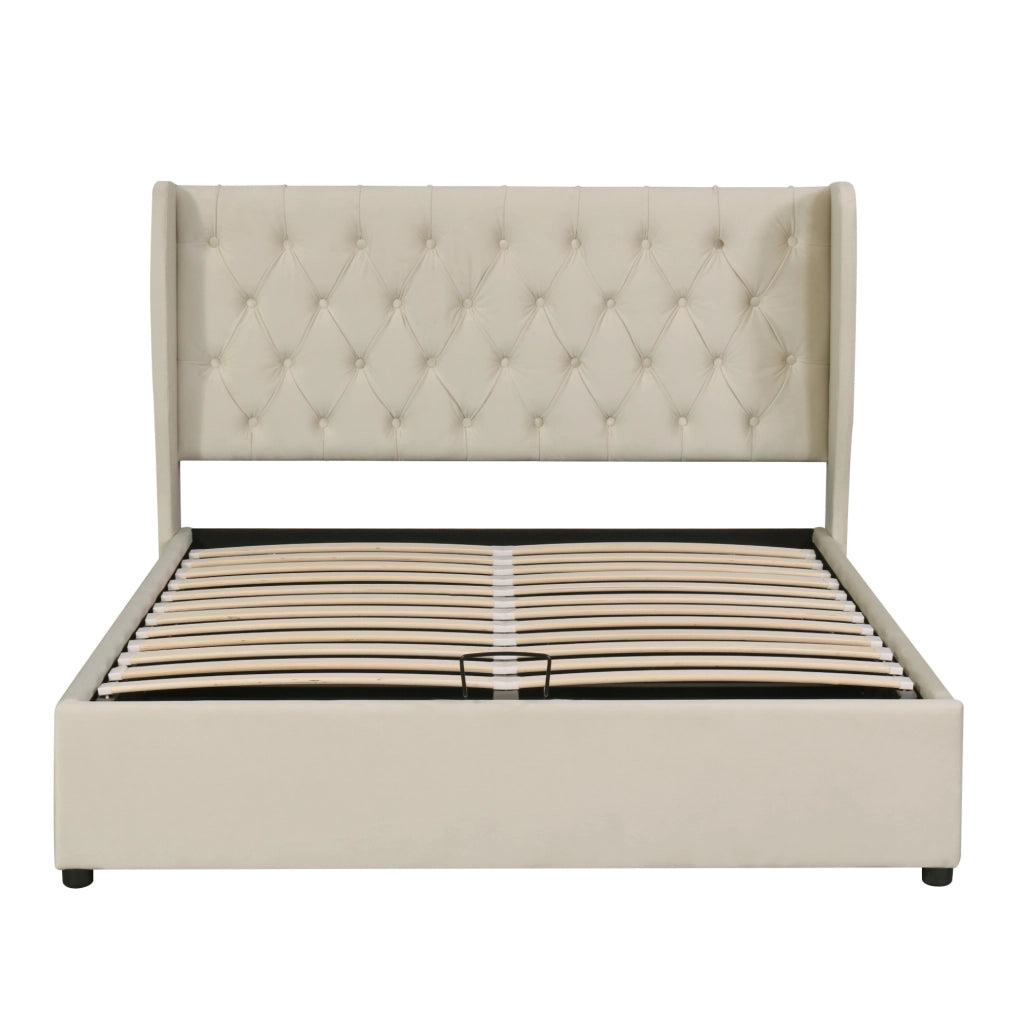 Letto imbottito 140x200 cm; contenitore idraulico; velluto beige (Senza materasso)