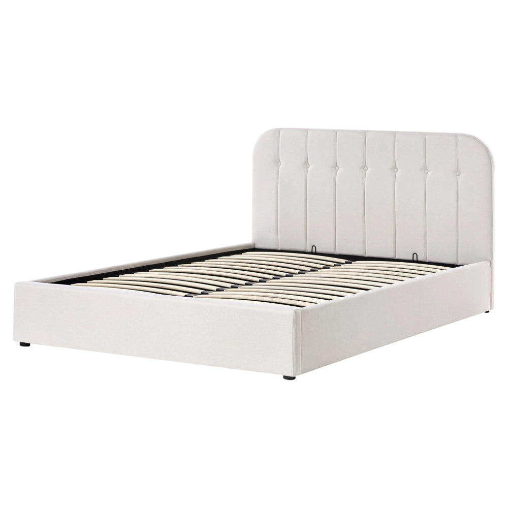 Letto Matrimoniale con Contenitore in tessuto bianco sporco 160 x 200 cm con testiera a doghe
