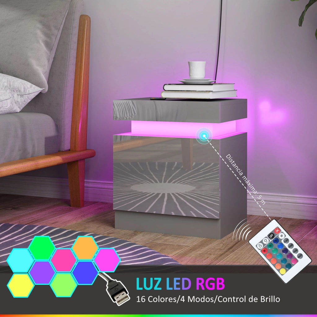 Comodino con Luci LED e 2 Cassetti ¨C zephmum ¨C Grigio 45x35x52 cm