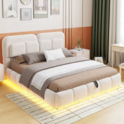 Letto matrimoniale imbottito 140x200 cm in velluto beige con LED e contenitore idraulico