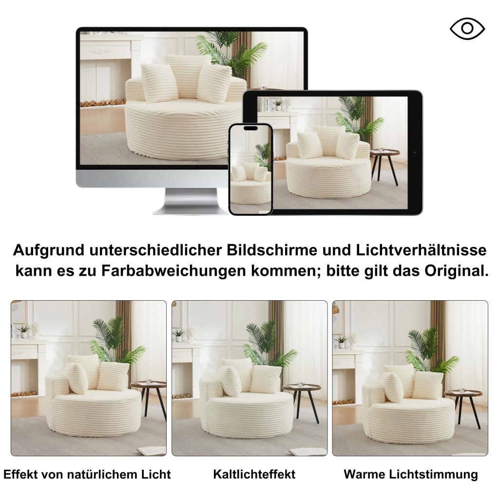 Poltrona lounge rotonda con braccioli larghi e 3 cuscini in velluto a coste, schiuma e molle, beige