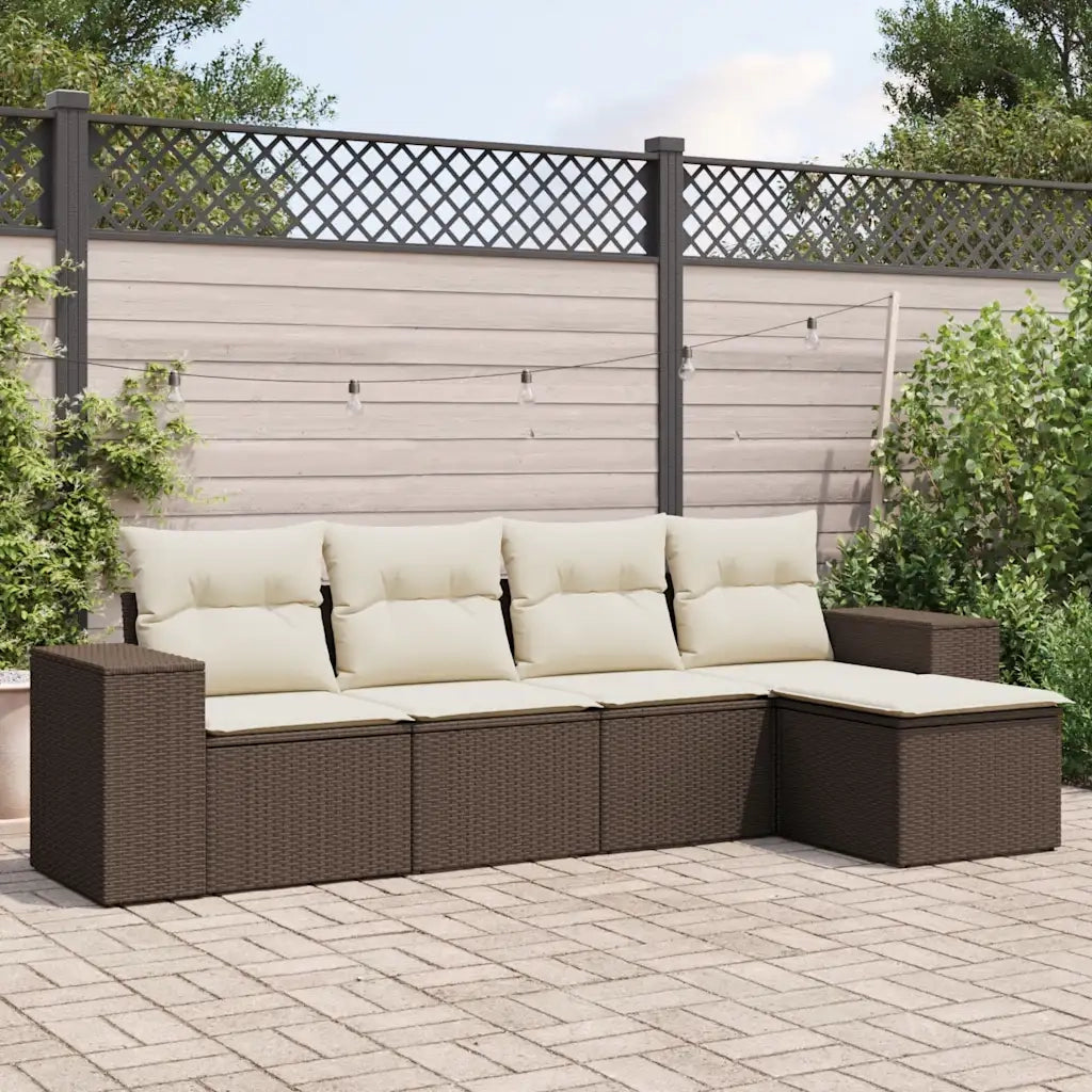 Set Divano da Giardino 5 pz con Cuscini Marrone in Polyrattan