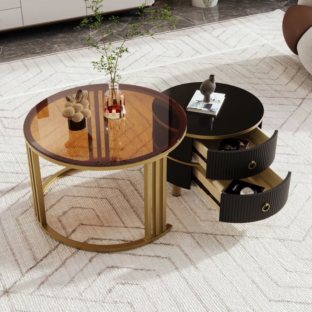 TAVOLINO da caffè rotondo 2 pezzi 70x70x45 + 50x50x40 cm nero e vetro