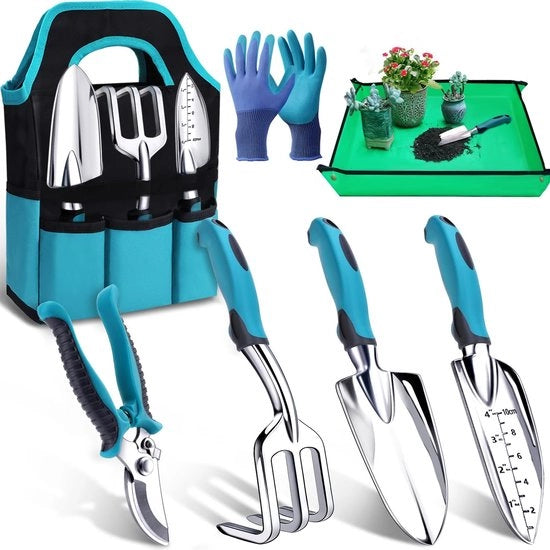Kit di attrezzi per giardinaggio 7 pezzi - Manico ergonomico - Resistente allo sforzo - Manici antiscivolo - Regalo per appassionati di giardinaggio - Adatto per uomini/donne - Set per giardinaggio