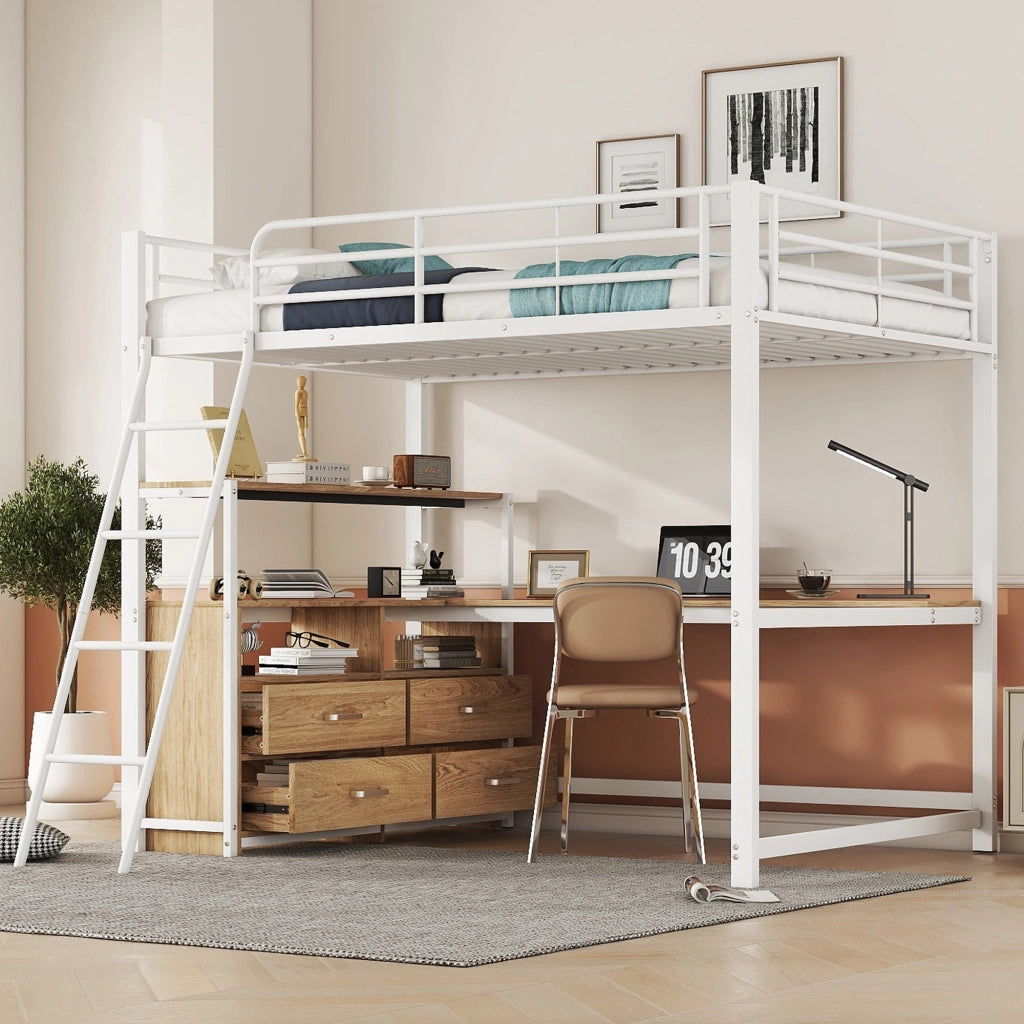 LETTO A CASTELLO 140x200 cm con scrivania a L, cassetti, MDF e metallo, bianco
