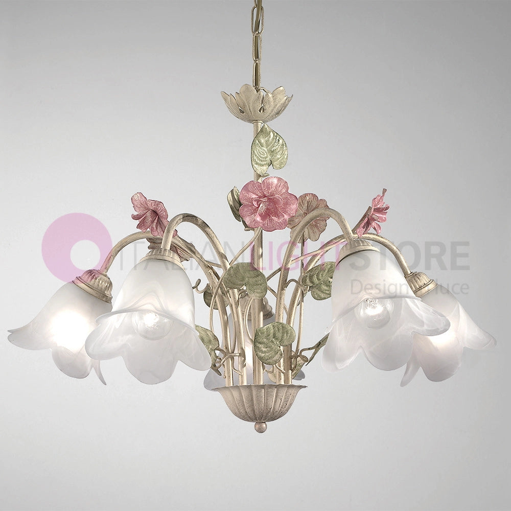 SPRING Lampadario in Ferro Decorato a 5 Luci Stile Floreale