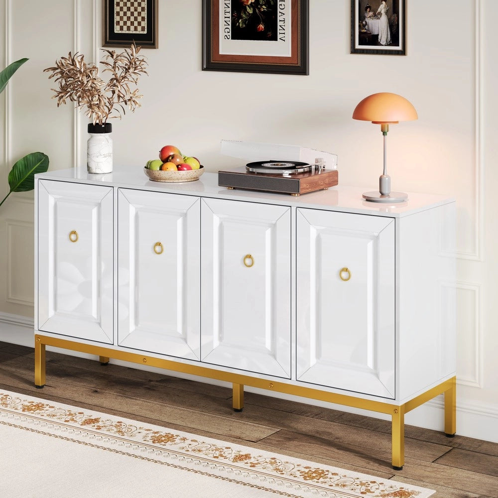 Libreria con Ripiani e Ante ¨C MINIMAL ¨C Bianco Lucido, Gambe Dorate, 140x80x40