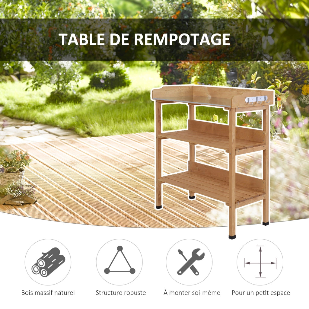 Tavolo da giardinaggio con ripiani e ganci ¨C Minimal ¨C Legno abete olio pretrattato, piano in acciaio zincato 80x40x80 cm