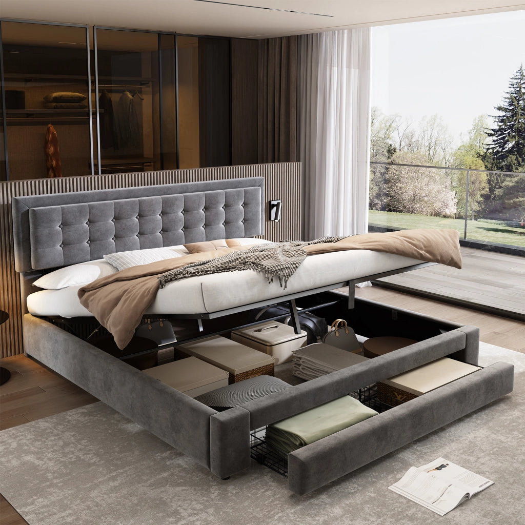 Letto contenitore – 160x200 cm – cassetti rete – velluto grigio