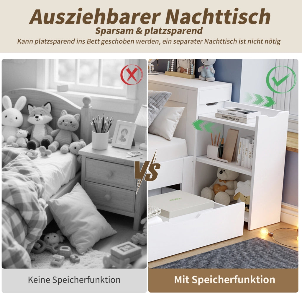 Letto per bambini multifunzione con cassetti e vano contenitore; MDF bianco