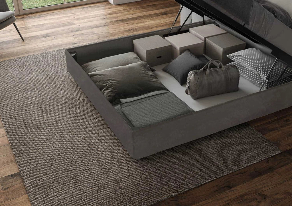 BS COM Letto queen size contenitore imbottito 150x190 microfibra grigio Large