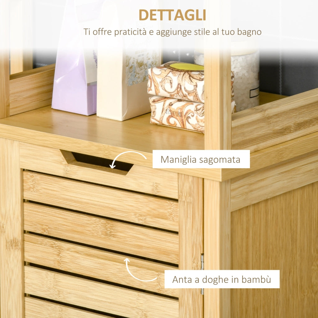 Mobile Bagno a 3 Ripiani e 1 Credenza, Design a Doghe, Bamb¨´, 34x30x173cm