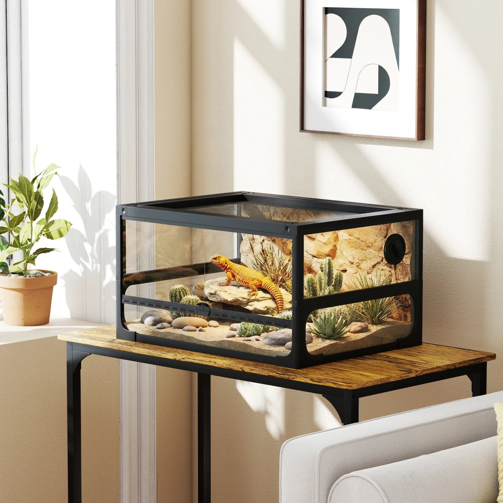 Rettilario Rialzato e Pieghevole 60x45x32 cm con Coperchio e Pareti in Vetro Temperato e Plastica Nero