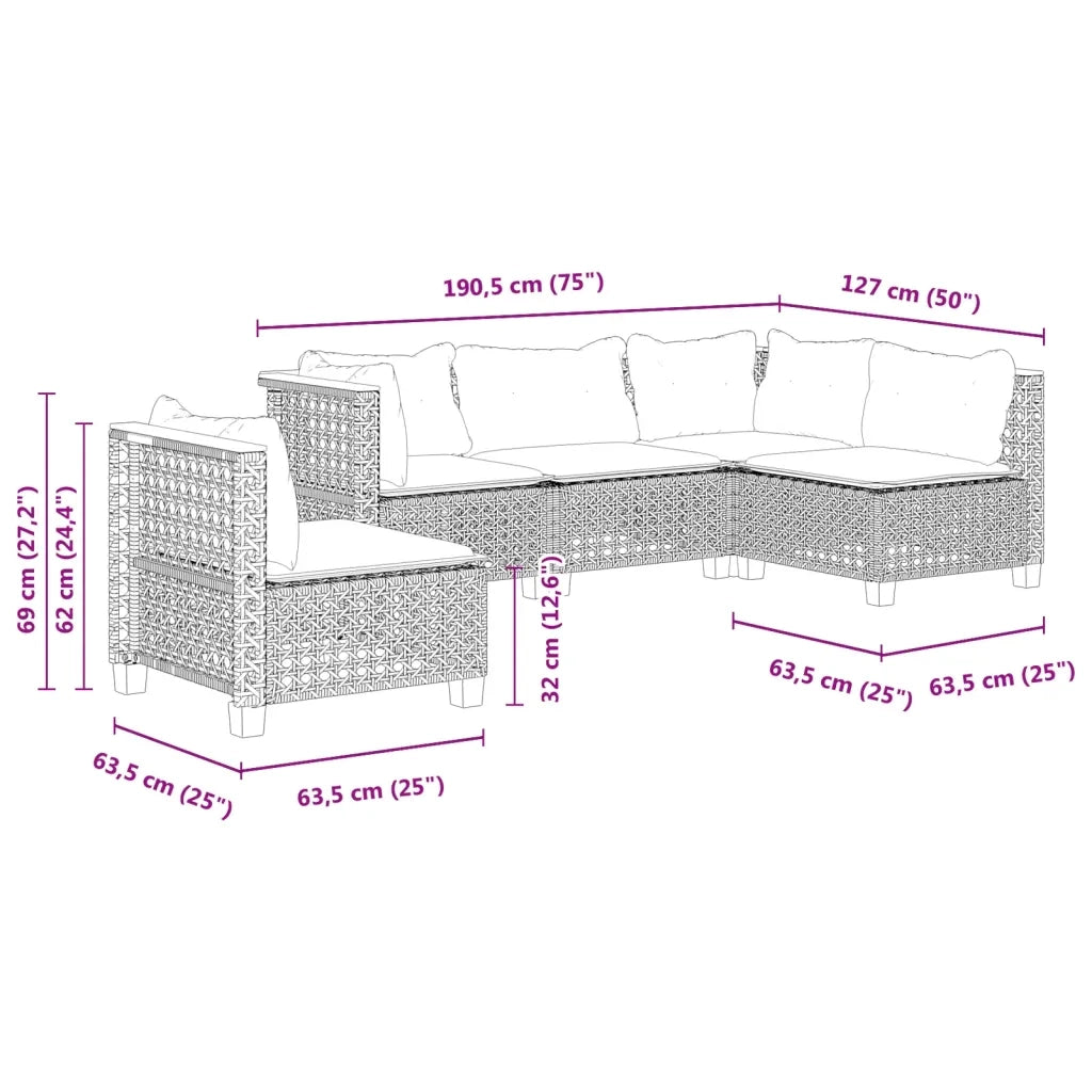 Set Divani da Giardino 5 pz con Cuscini in Polyrattan Nero