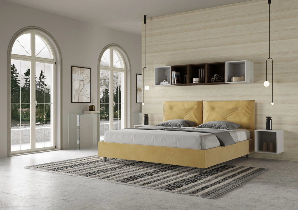 BS COM Letto matrimoniale king size contenitore imbottito 190x190 microfibra ocra Large