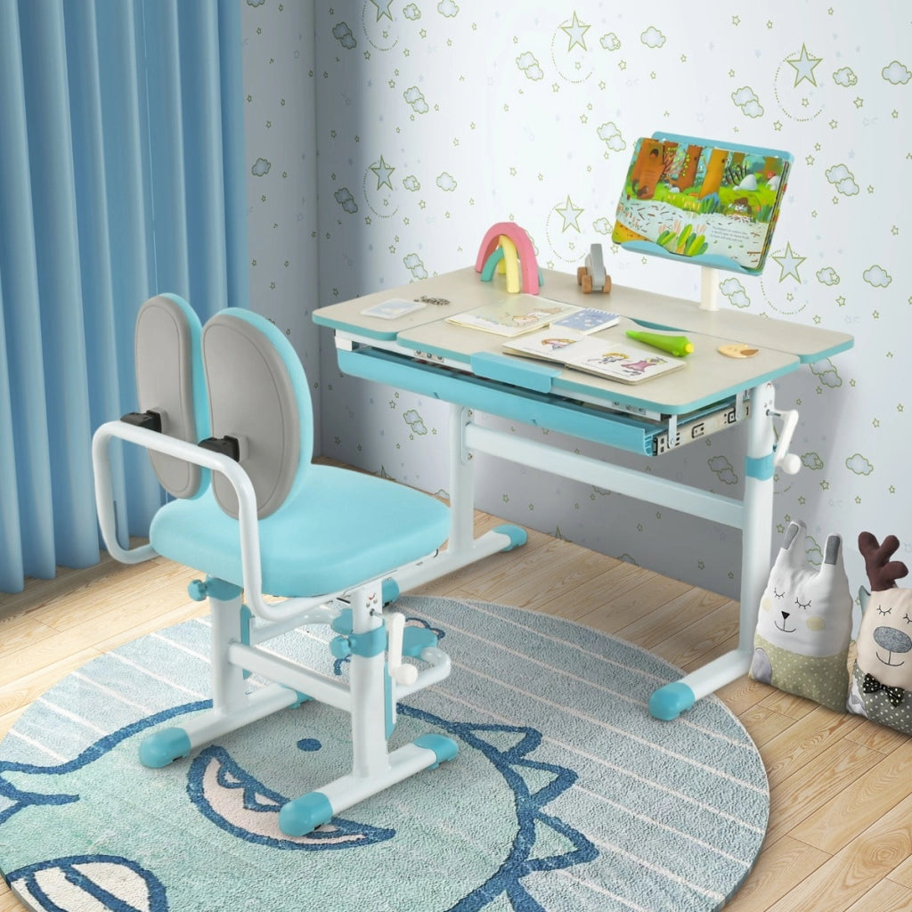 Scrivania per bambini regolabile con piano inclinabile cassetto, Scrivania per bambini tavolo ergonomico Azzurro-Tavoli e sedie