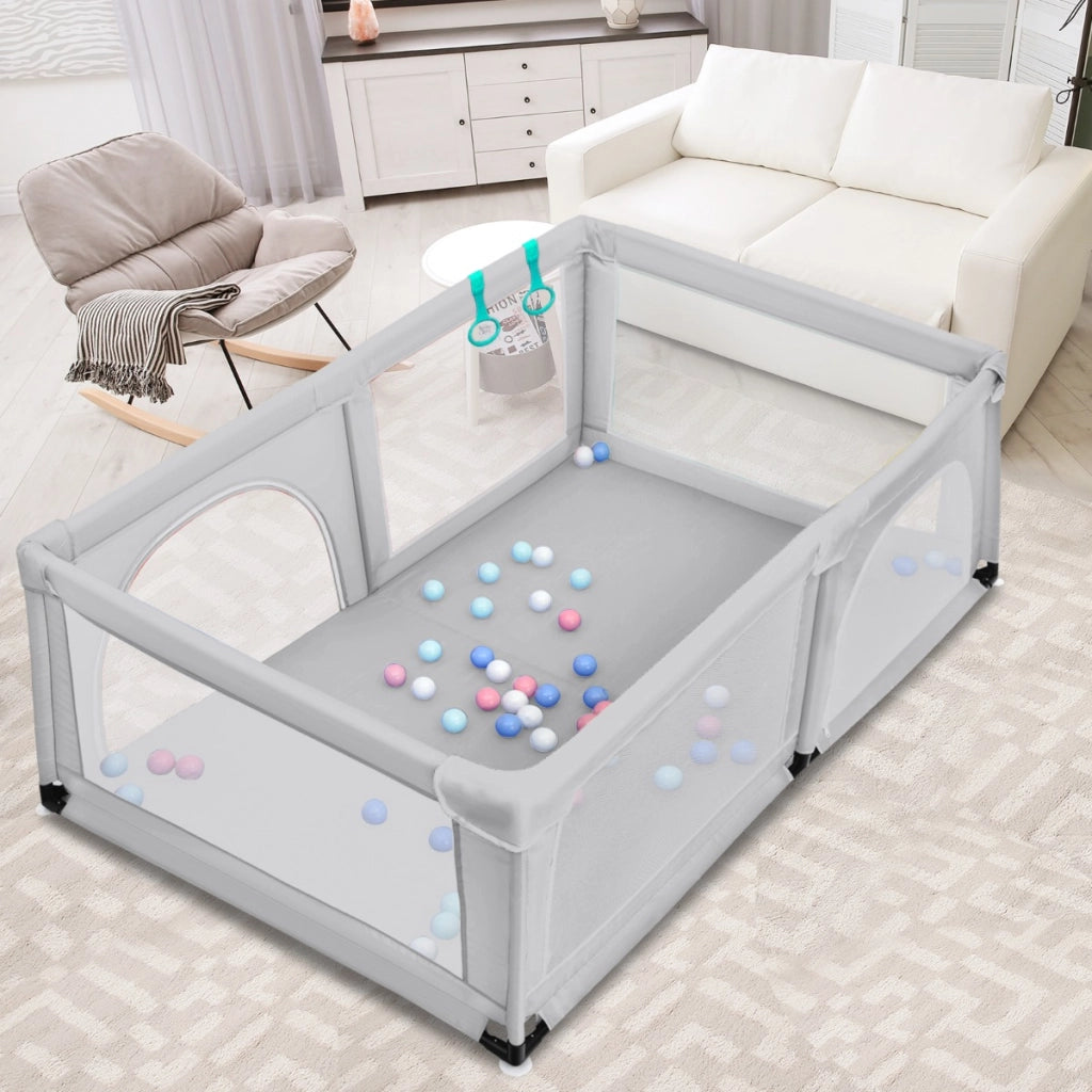 Box per bambini con cancello extra large e rete traspirante, Centro attivit¨¤ portatile per interno Grigio-Cancelletti di sicurezza
