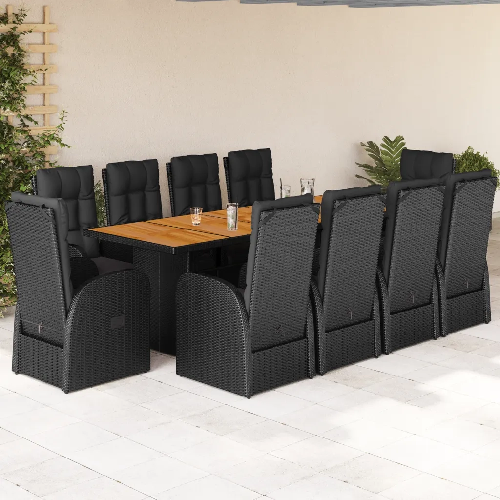 Set da Pranzo da Giardino 11 pz con Cuscini in Polyrattan Nero