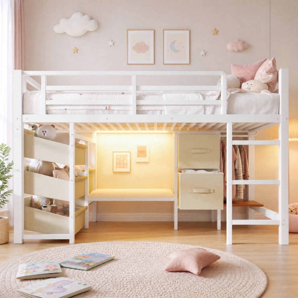 Letto medio alto 90x200 cm in metallo bianco con cuscino; LED multicolore e contenitore
