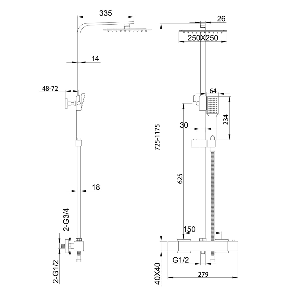 Colonne doccia cromo, soffione doccia quadrato 25x25cm acciaio inox, miscelatore termostatico doccia rettangolo antiscottature