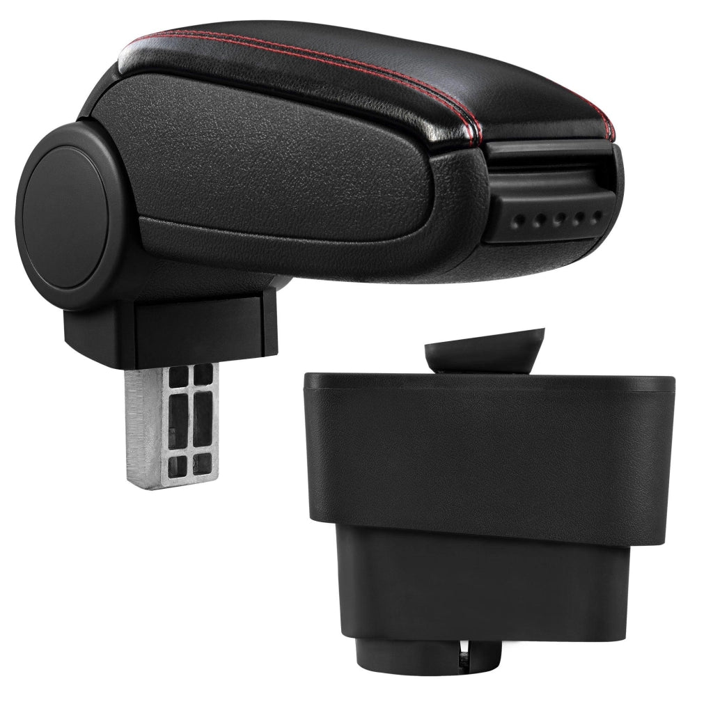 Bracciolo centrale per Fiat Grande Punto con vano imbottito in similpelle nera con cuciture rosse 03_0000444