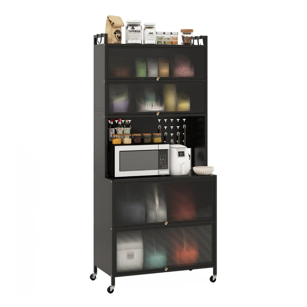 Mobile da cucina 80 x 40 x 178 cm con 6 ripiani e ante a battente traslucide stile moderno acciaio al carbonio nero 20_0015277