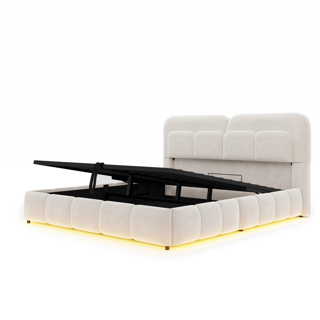 Letto matrimoniale 140 x 200 cm, testiera imbottita, con luci a LED, vano portaoggetti, rivestimento in velluto, beige
