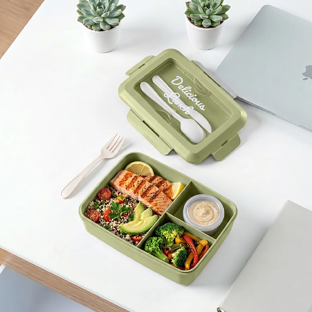 Set 2 Pezzi Lunch Box Porta Pranzo 1300 ml con 3 Posate, Contenitore Ermetico Per Alimenti BPA Free, Utilizzabile in Microonde e Lavastoviglie, Porta Pranzo con 3 Scomparti Verde
