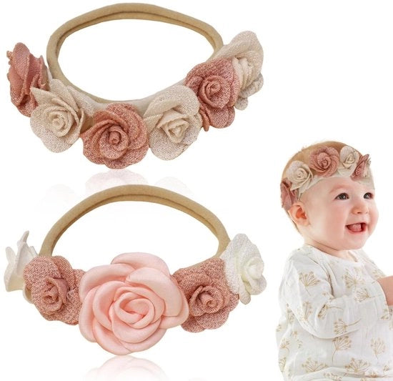 Set di 2 fasciature per capelli in elastico - fiori rosa - tessuto morbido - ideale per bambini e bambini in età prescolare - comodo e colorato