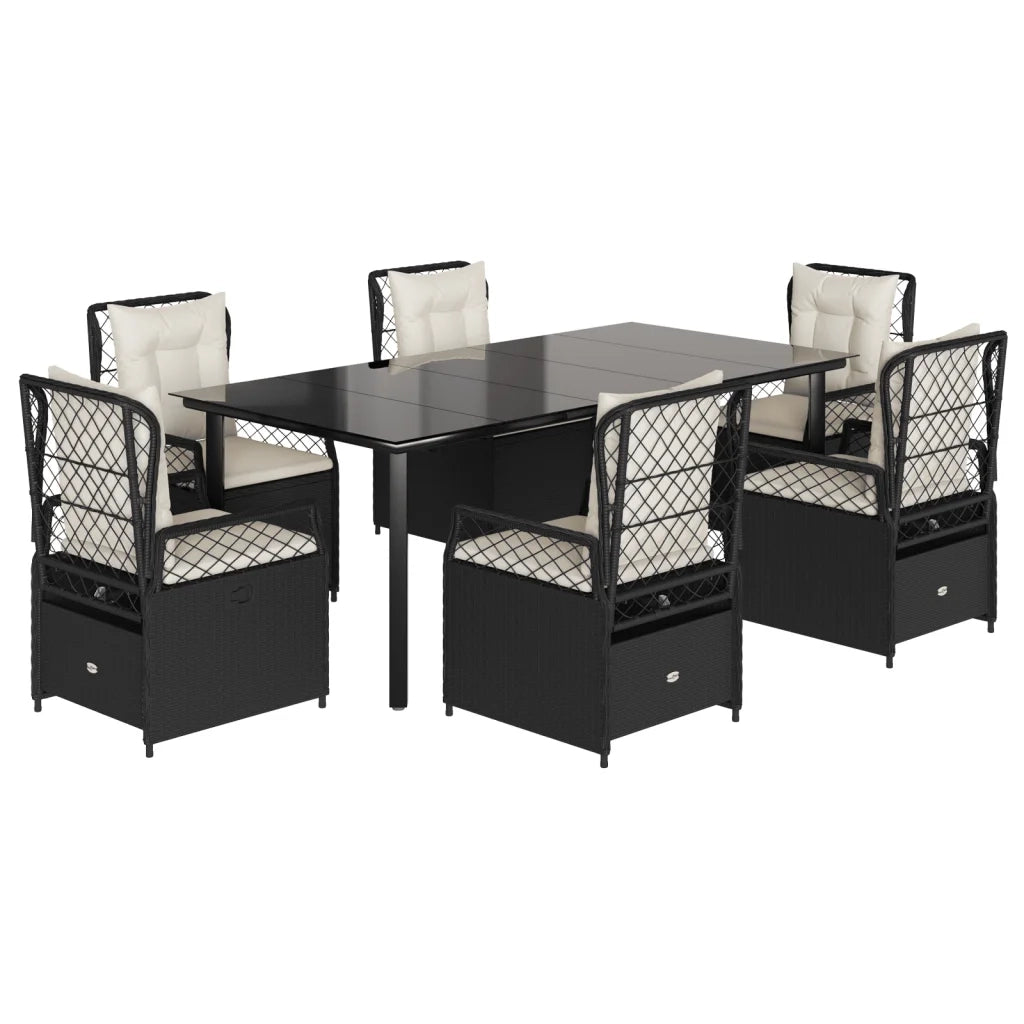 Set da Pranzo da Giardino 7 pz Nero con Cuscini in Polyrattan