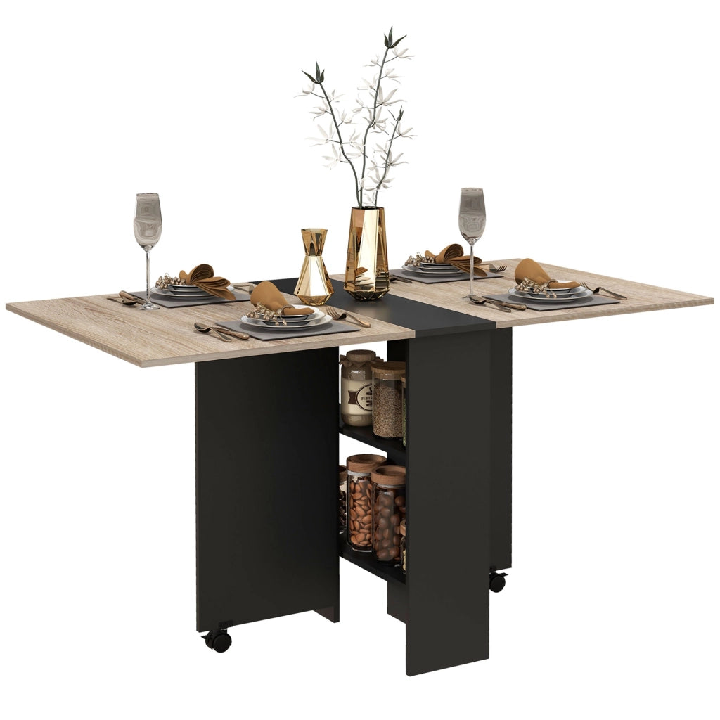 Tavolo Pieghevole Salvaspazio 140x75x74 cm con Ruote e Ripiani Rovere e Nero