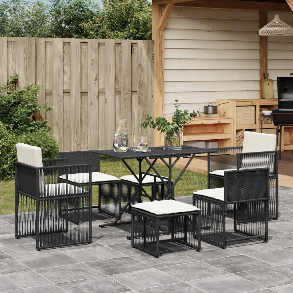 Set da Pranzo da Giardino 7 pz | Set Salotto da Giardino Nero con Cuscini in Polyrattan