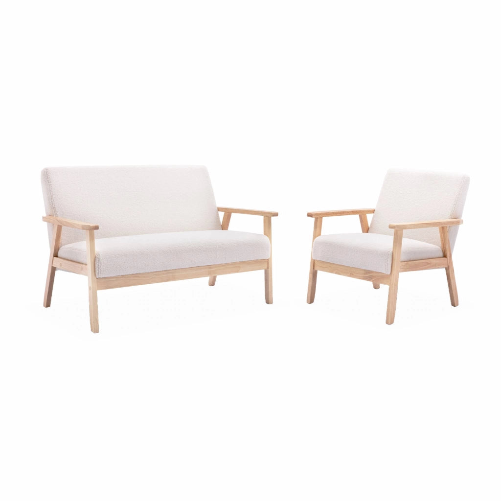Set panca e poltrona in legno e tessuto, 3 posti, crema