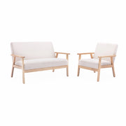 Set panca e poltrona in legno e tessuto, 3 posti, crema