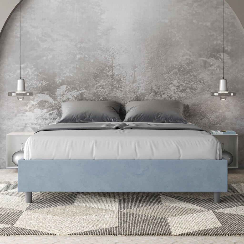 BS COM Letto matrimoniale francese con rete imbottito 140x200 microfibra azzurro