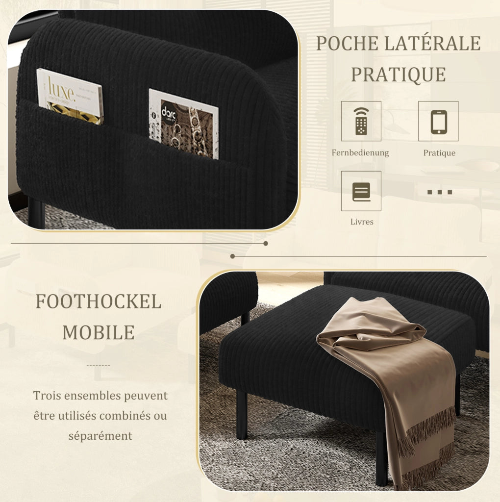 Set divano; poltrona e pouf in tessuto cord nero; 2 posti 120 x 75 x 79 cm