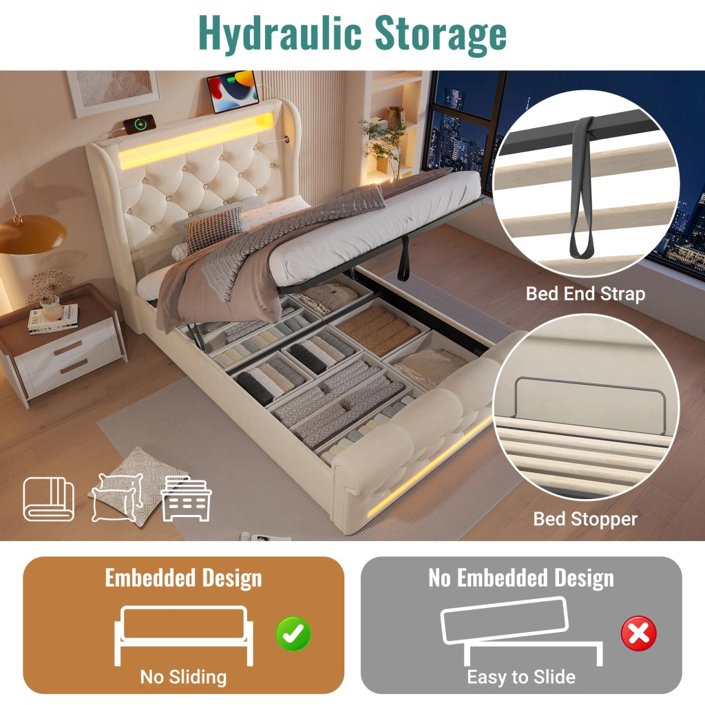 Letto Contenitore 90x200 cm con LED; USB e Type C; base idraulica in Velluto Beige