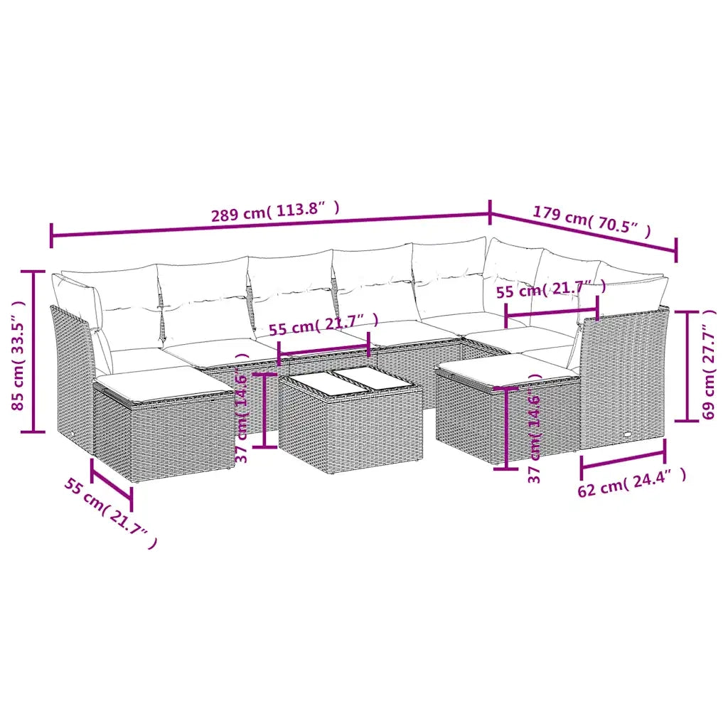 Set Divani da Giardino 10pz con Cuscini in Polyrattan Marrone 3218583