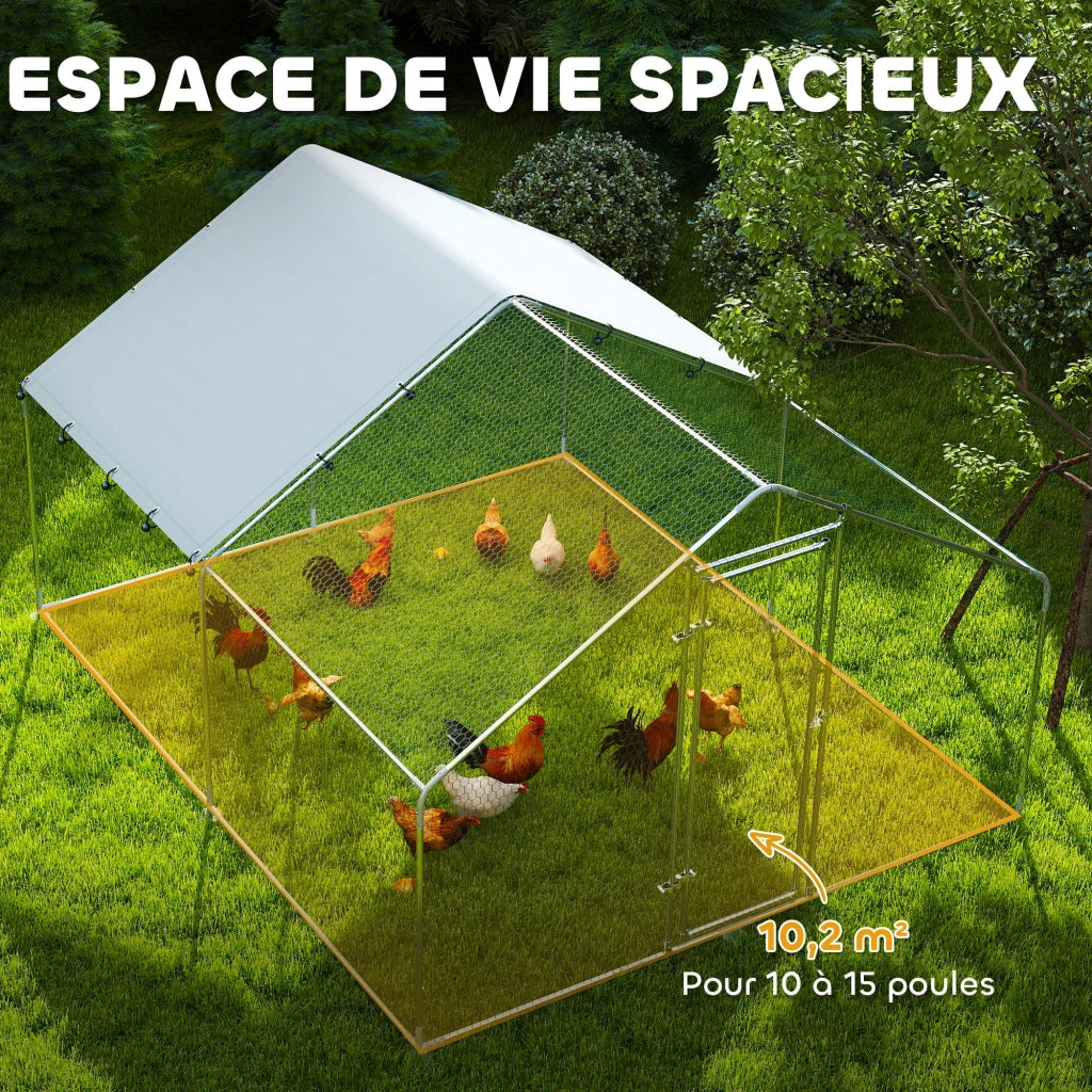 Pollaio Grande in Metallo ¨C Xylo ¨C Copertura Impermeabile Anti-UV, 3x3.4x1.9m, per 10-15 Galline