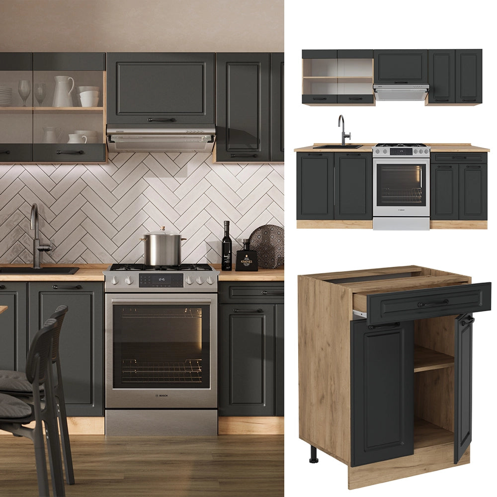 Cucina componibile R-Line Antracite rustico/Rovere dorato 200 cm senza piano di lavoro Vicco