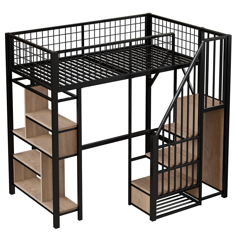 Letto a soppalco - Xylo - 90x200 cm nero con ripiani e scala