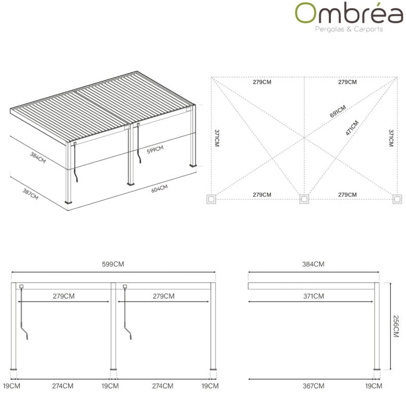 Pergola bioclimatica Ombréa VS 4x6M adossata - V2 - Antracite/bianco