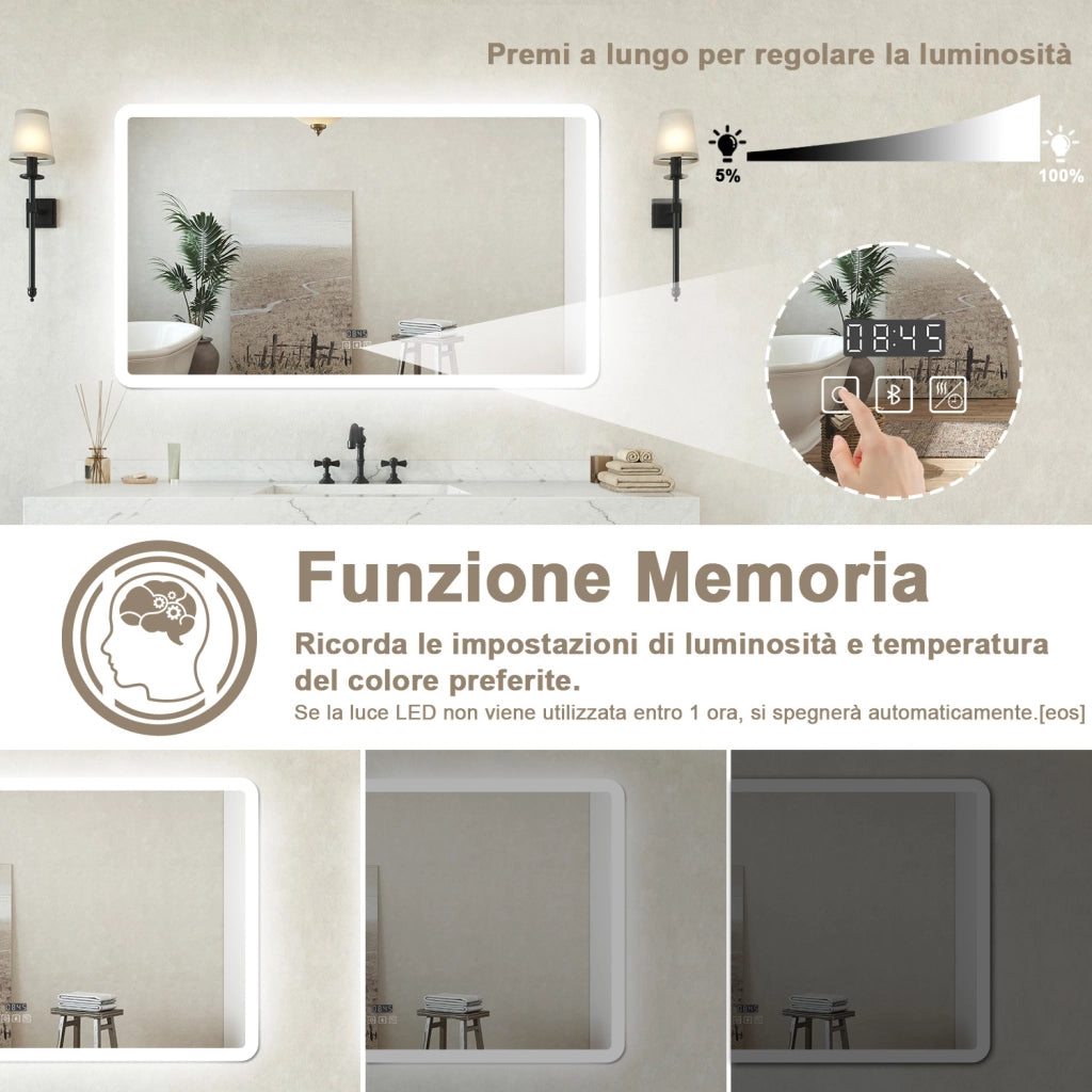 Specchio bagno Rettangolare 160x80cm Led Con 3 Luci Bluetooth + Orologio + Antiappannamento