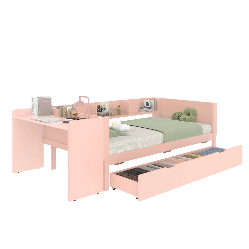 Letto Singolo con Scrivania e Cassetti ¨C MINIMAL ¨C Pino, Rosa, 90x200